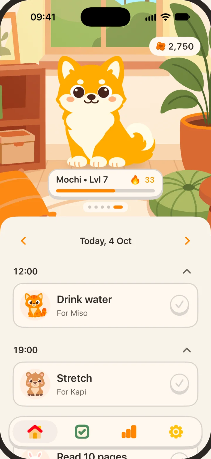 Fupori's Home screen: Mochi the Shiba Inu sits in a cosy living room above today's habits, Drink water and Stretch.